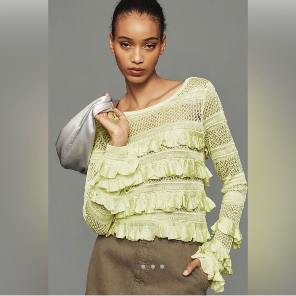 Anthropologie Light Green Ruffle Sheer Long Sleeve‎ Sweater Large